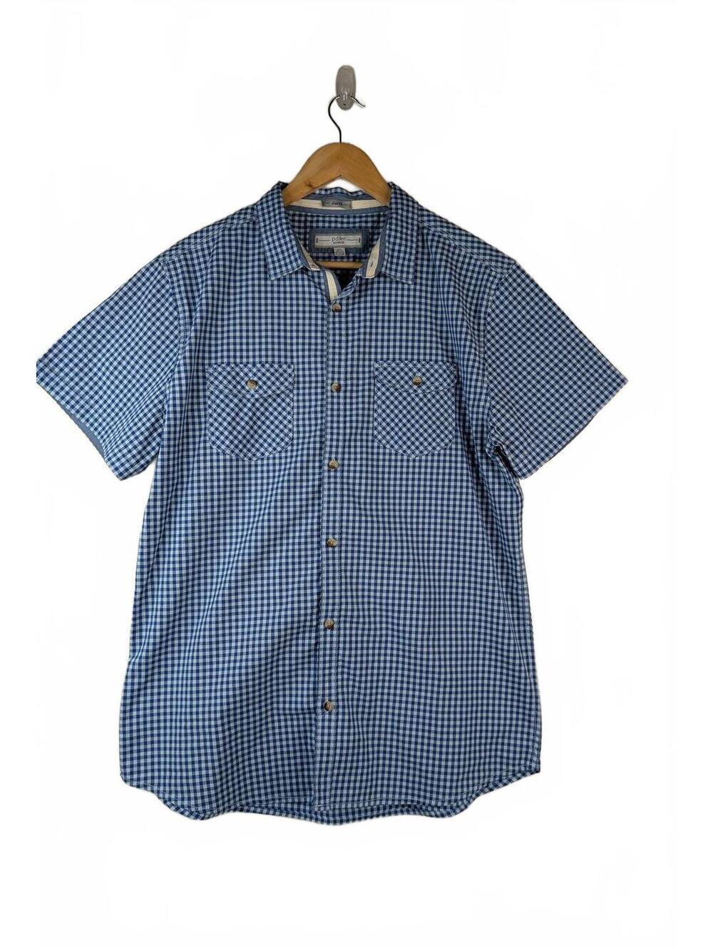 PD&C Men's Slim Fit Blue Gingham Short Sleeve Cotton Blend Shirt XL